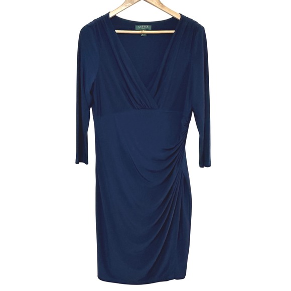 Lauren Ralph Lauren Dresses & Skirts - Lauren Ralph Lauren Ruched Dress Womens 14 Navy Surplice Sheath Stretch Classic